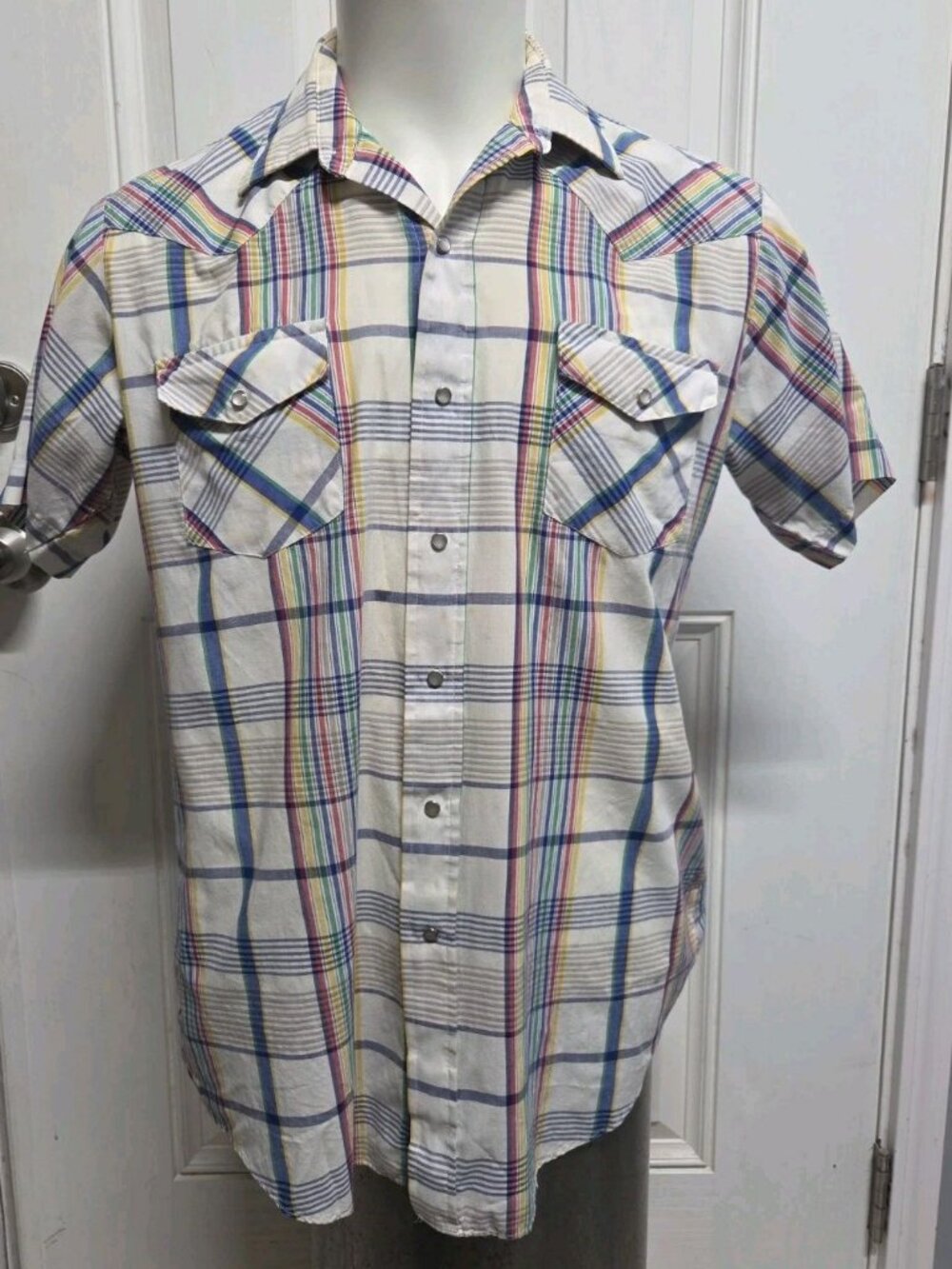 Karman Mens Western Shirt Size Large Pearl Snap Plaid White Vintage